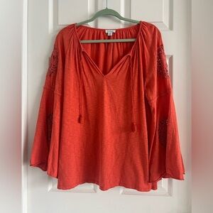 Sundance Orange Tie Front Blouse with 3/4 bell sleeves. Cotton. EUC! Size Med